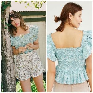 NWT ANTHROPOLOGIE LOVE THE LABEL SMOCKED RUFFLE CROP TOP IN TURQUOISE